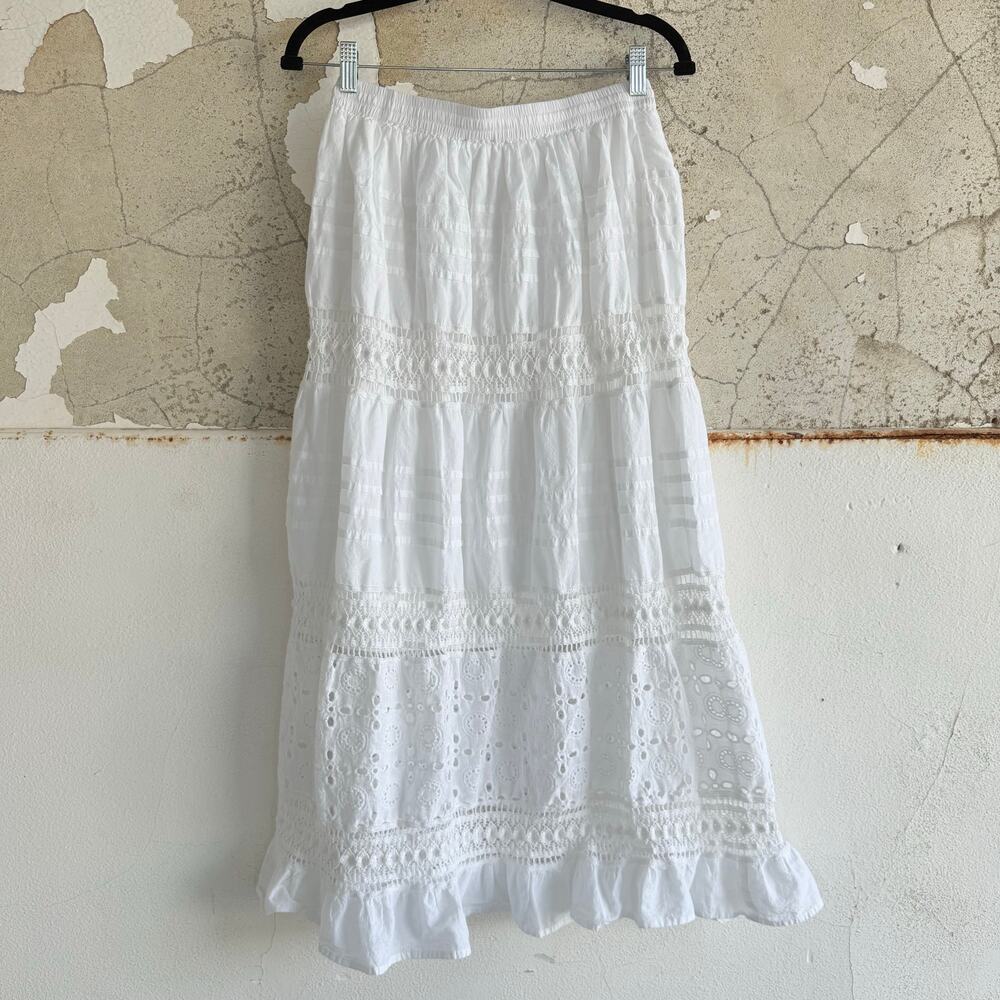 Maxi Skirt White 100% Cotton Eyelet Tiered Ruffles Crochet Cottagecore Cowgirl M - Picture 8 of 8